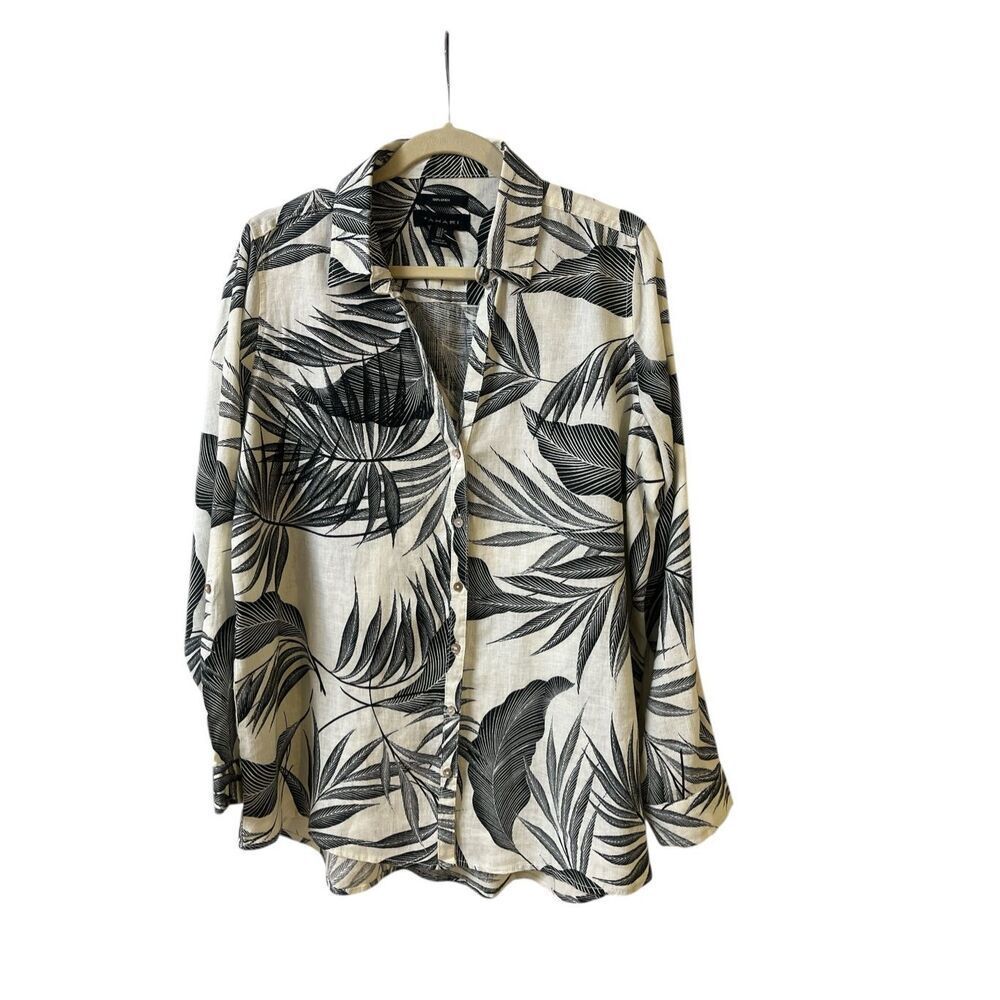 Tahari linen leaf print button down top blouse sz Large